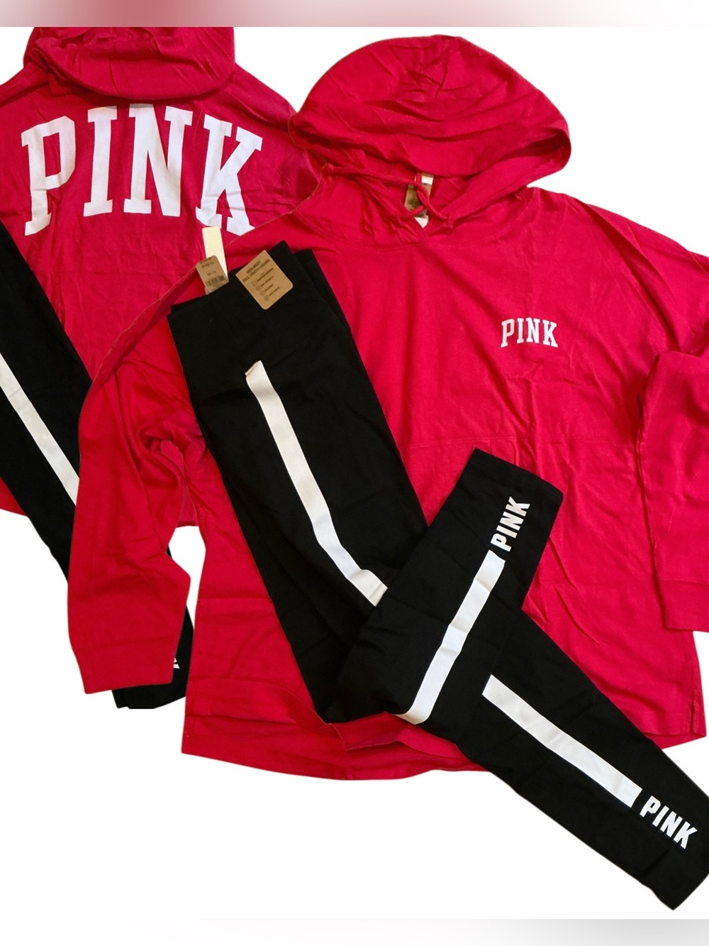 NEW VICTORIAS SECRET PINK VARSITY PULLOVER HOODIE T & LEGGINGS 2PC SET L/XL